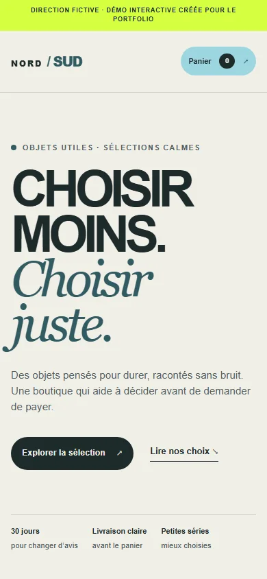 Vue mobile du prototype Nord / Sud Goods